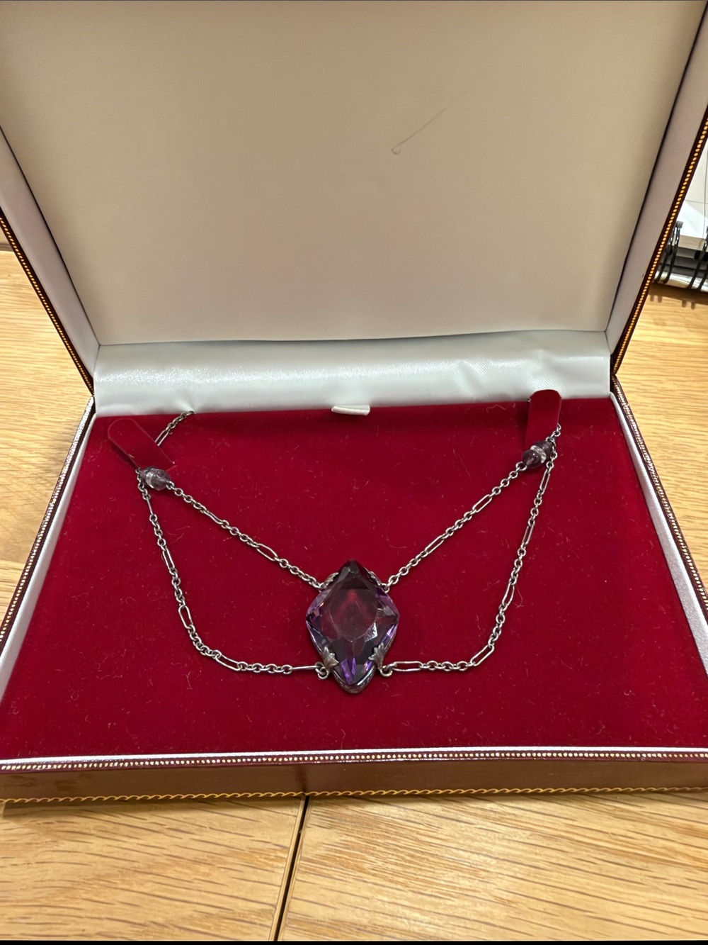 Amethyst-Colored Crystal Pendant Double Chain Necklace